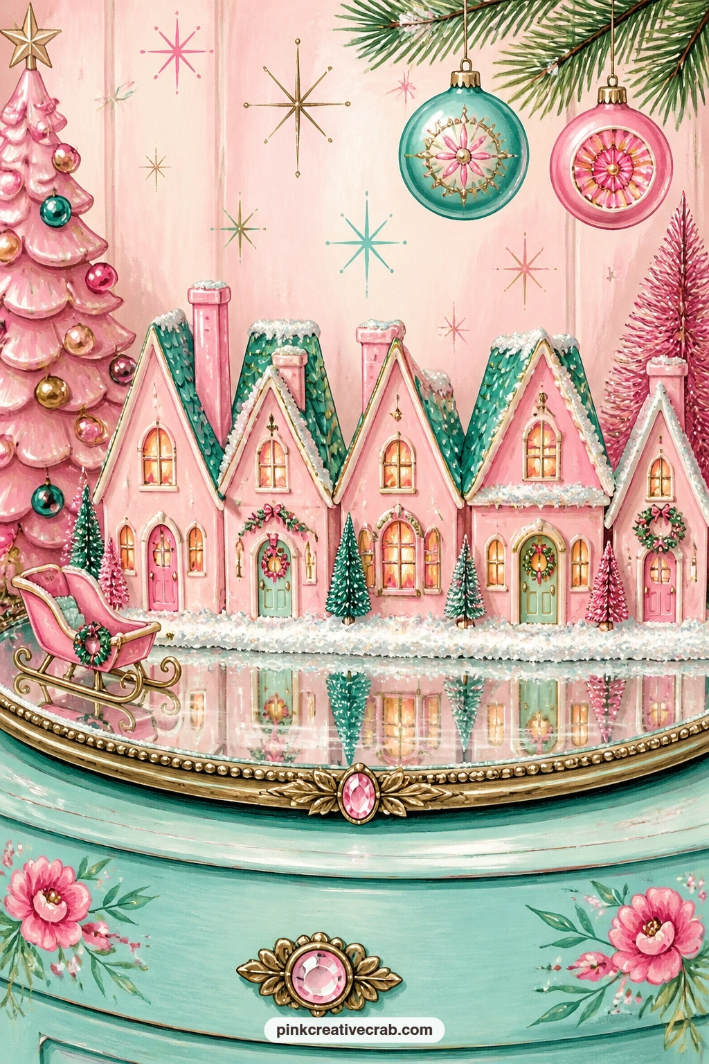 Row Of Pink Ceramic Cottages On A Mirror Tray printable page — A row of pink ceramic cottages sits on a mirror tray dusted with fake snow, tiny glowing windows