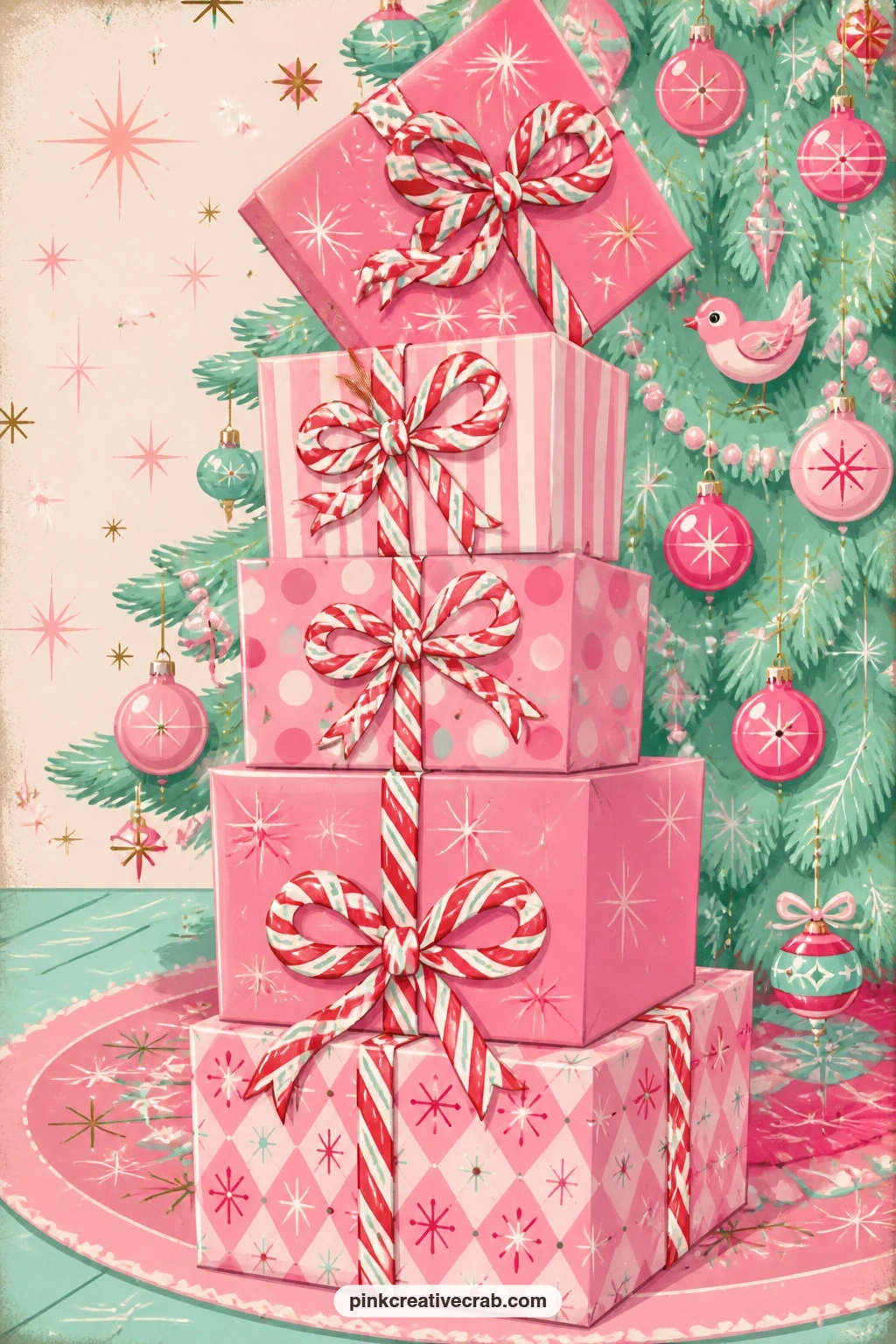 Tower Of Pink Gifts With Candy Cane Bows printable page — Stacked tall and wrapped in matching pink paper, this tower of gifts wears candy cane bows instead of