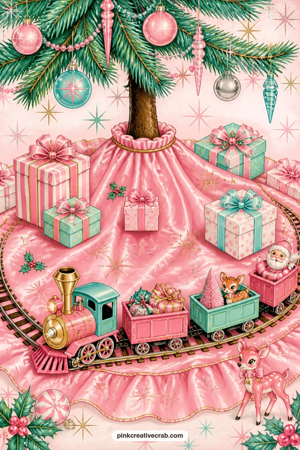 Pink Satin Tree Skirt With Gifts And A Toy Train printable page — The five-minute version of this page just needs a quick wash of pink and gold around the