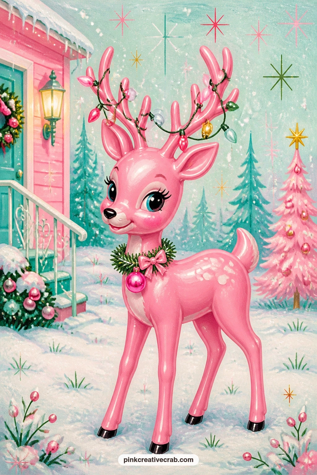 Pink Plastic Reindeer On A Snowy Lawn printable page — Standing stiff-legged on a blanket of snow, this pink plastic reindeer lights up from within, its