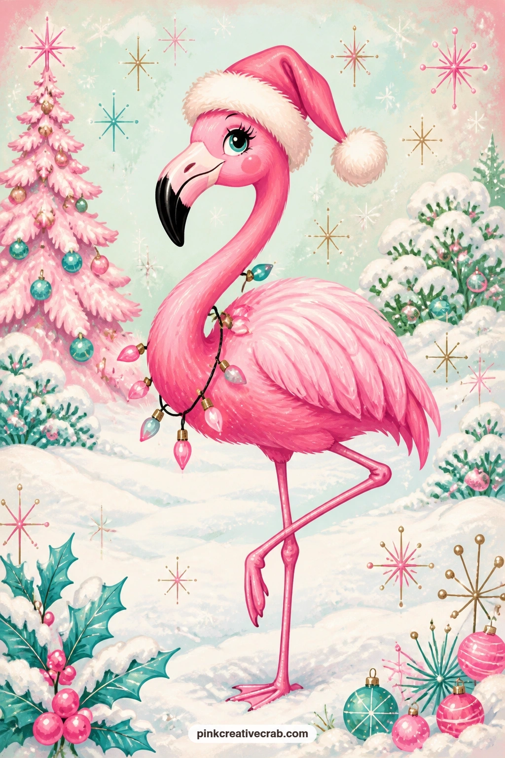 Pink Flamingo In A Santa Hat On A Snowy Lawn printable page — This is the page for a gift journal going to the friend with the silliest, most cheerful holiday