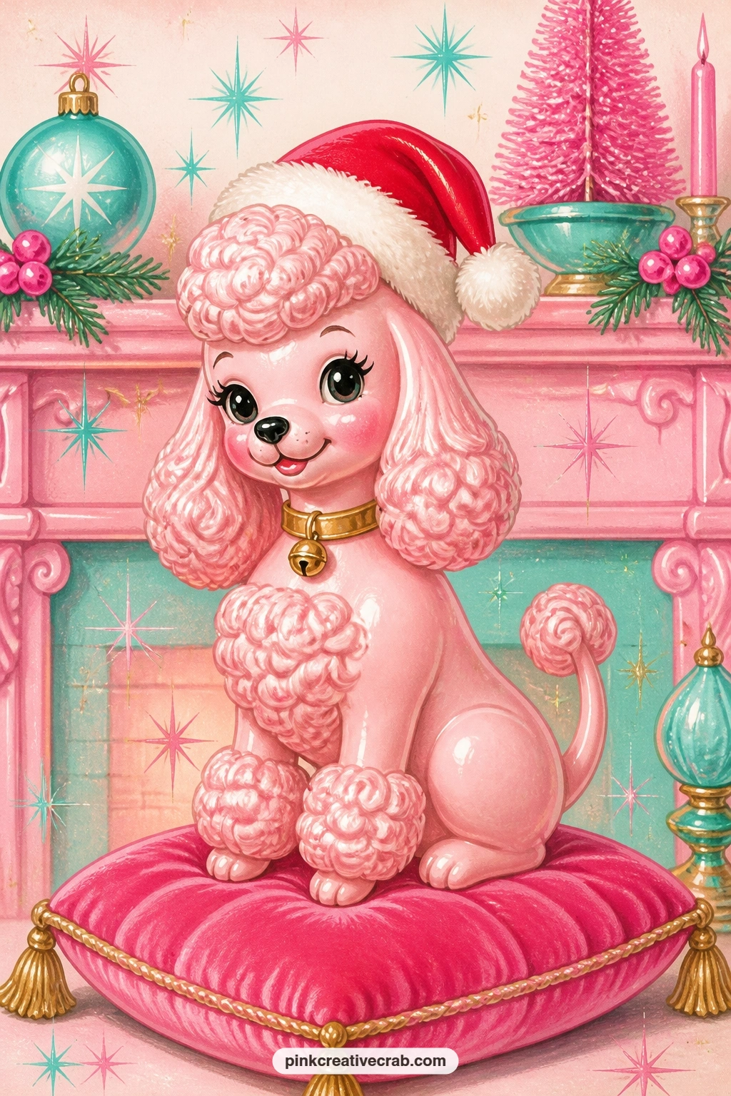 Pink Poodle Figurine In A Santa Hat printable page — Sitting pretty on a velvet cushion, this pink poodle figurine wears its own tiny Santa hat, a jingle bell
