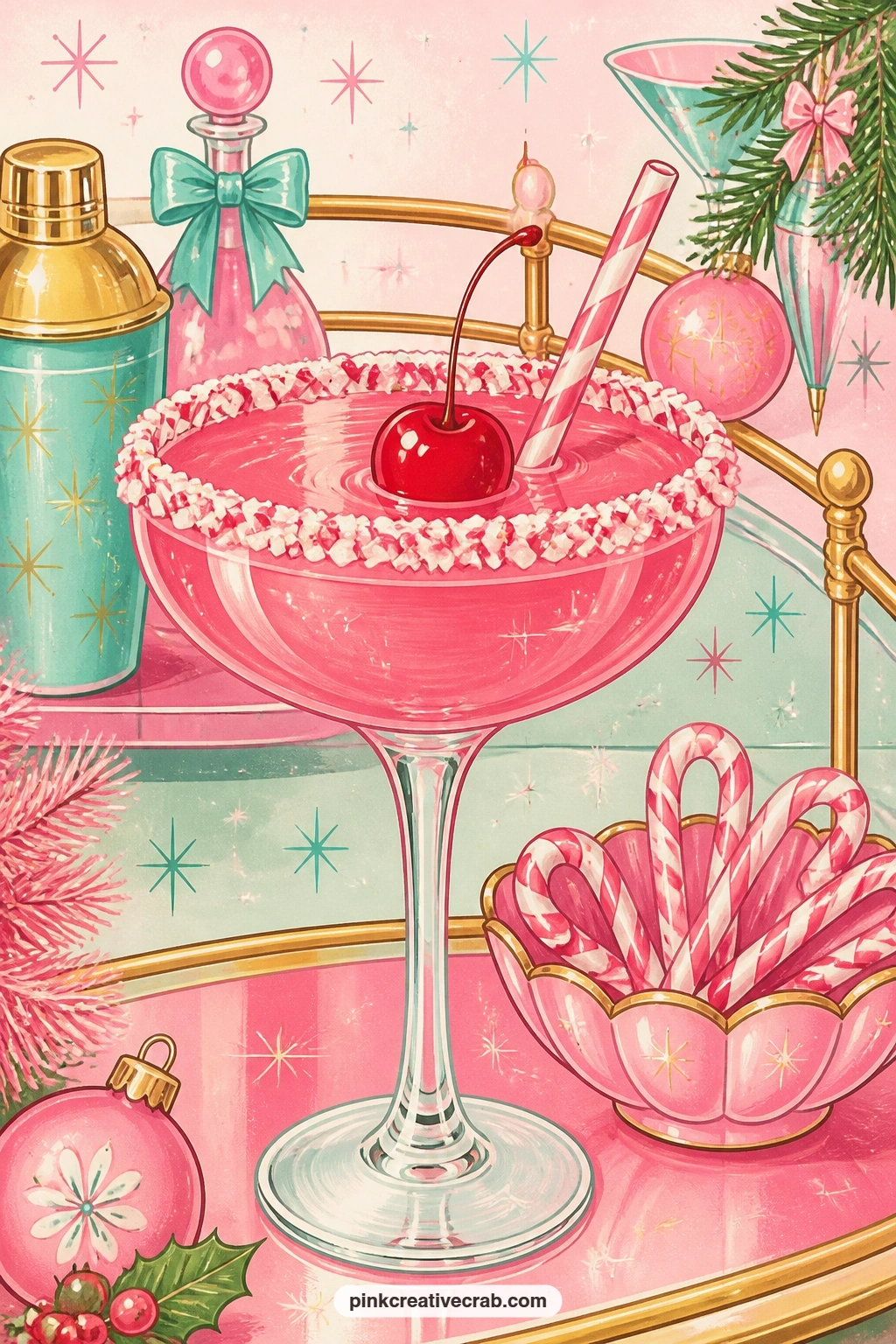 Pink Cocktail With A Crushed Candy Cane Rim printable page — What does the first sip of this cocktail taste like, and who gets handed the glass with the most