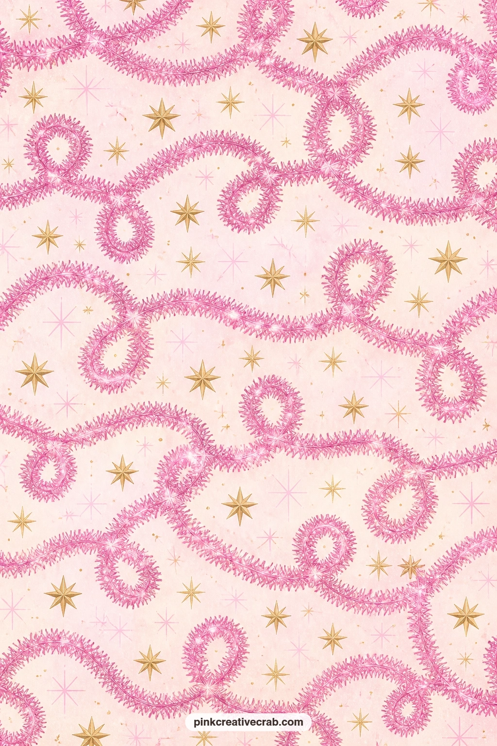 Pink Tinsel And Star Pattern printable page — Strands of pink tinsel loop between gold stars across clean white paper, repeating edge to edge. Vintage pink