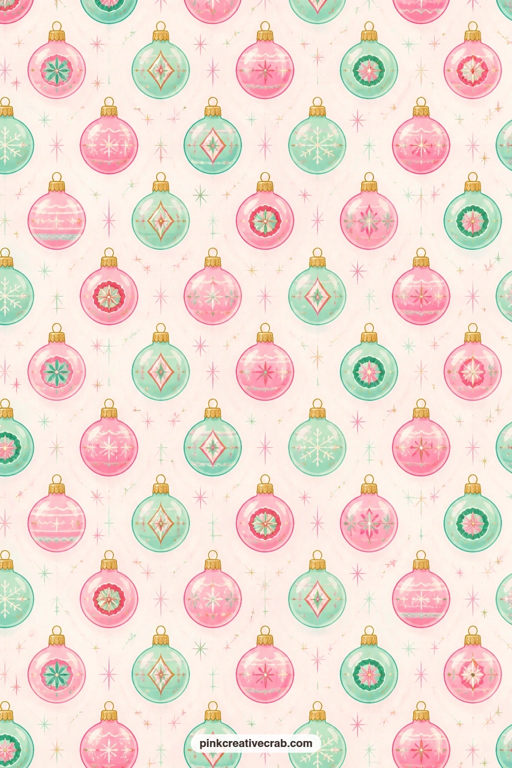 Pink And Mint Ornament Dot Pattern printable page — Small pink and mint glass ornaments repeat in tidy rows across the page like scattered buttons. Vintage