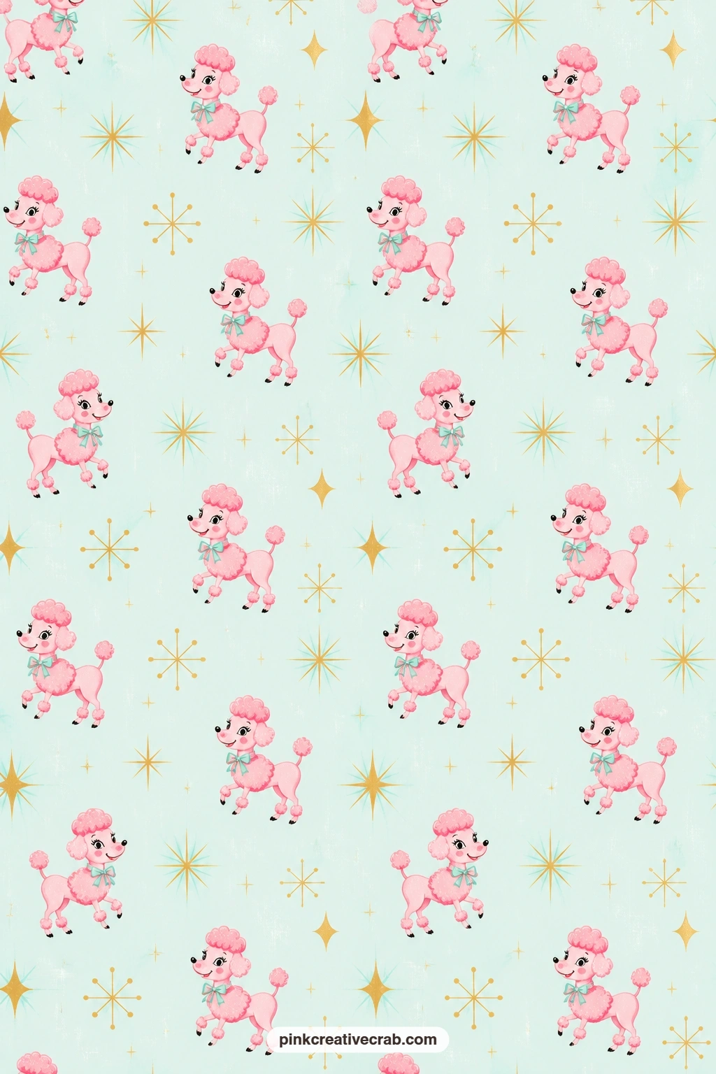 Pink Poodle And Sparkle Background Paper printable page — Tiny pink poodles tumble between gold sparkles across a pale aqua ground. Vintage pink christmas junk