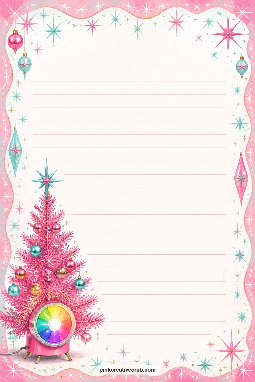 Pink Aluminum Tree Corner Lined Page printable page — A small pink aluminum tree with a color wheel glow sits tucked into one corner above faint ruled lines.