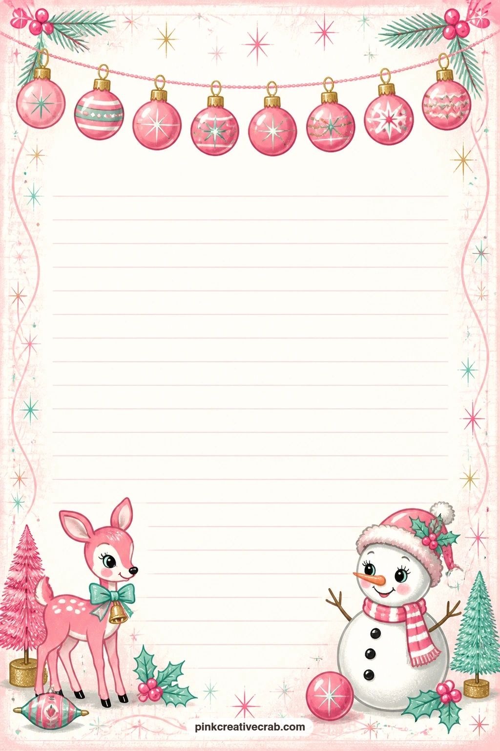 Pink Ornament Garland Top Band Lined Page printable page — A garland of pink glass ornaments strings across the top of the page like a banner above faint ruled