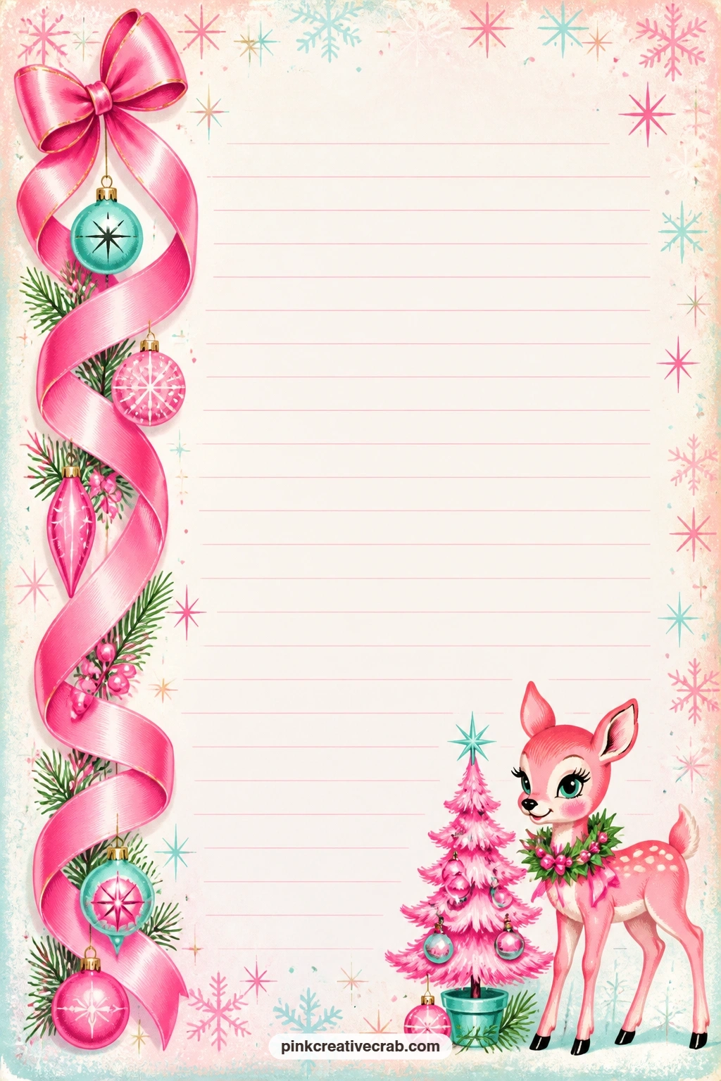 Pink Ribbon Side Border Lined Page printable page — A looping pink satin ribbon runs down one side of the page beside faint ruled lines. Vintage pink christmas