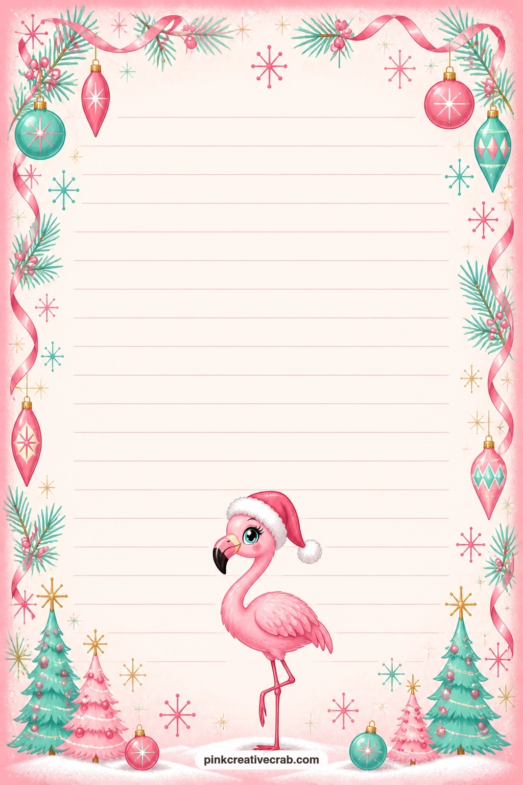 Flamingo In A Santa Hat Footer Lined Page printable page — A small flamingo in a Santa hat perches at the bottom edge of the page below faint ruled lines.