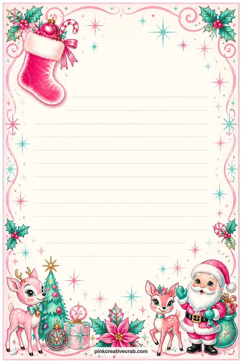 Pink Stocking Corner Lined Page printable page — A pink velvet stocking with a fur cuff tucks into one corner above faint ruled lines. Vintage pink christmas