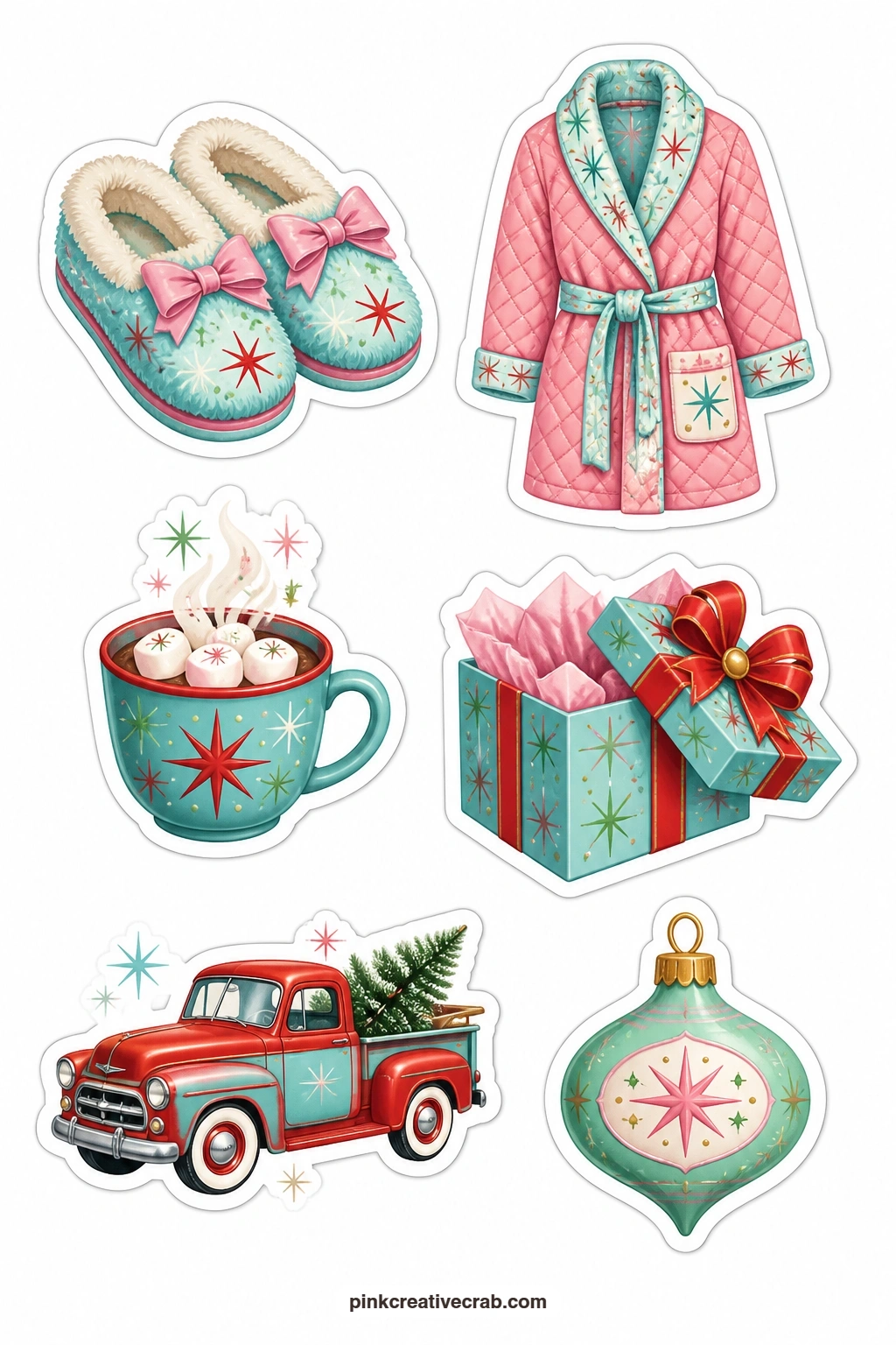 Christmas Morning Stickers printable page — Slippers, a quilted robe, a steaming cup of cocoa, an opened gift box and a little toy truck make up this sheet