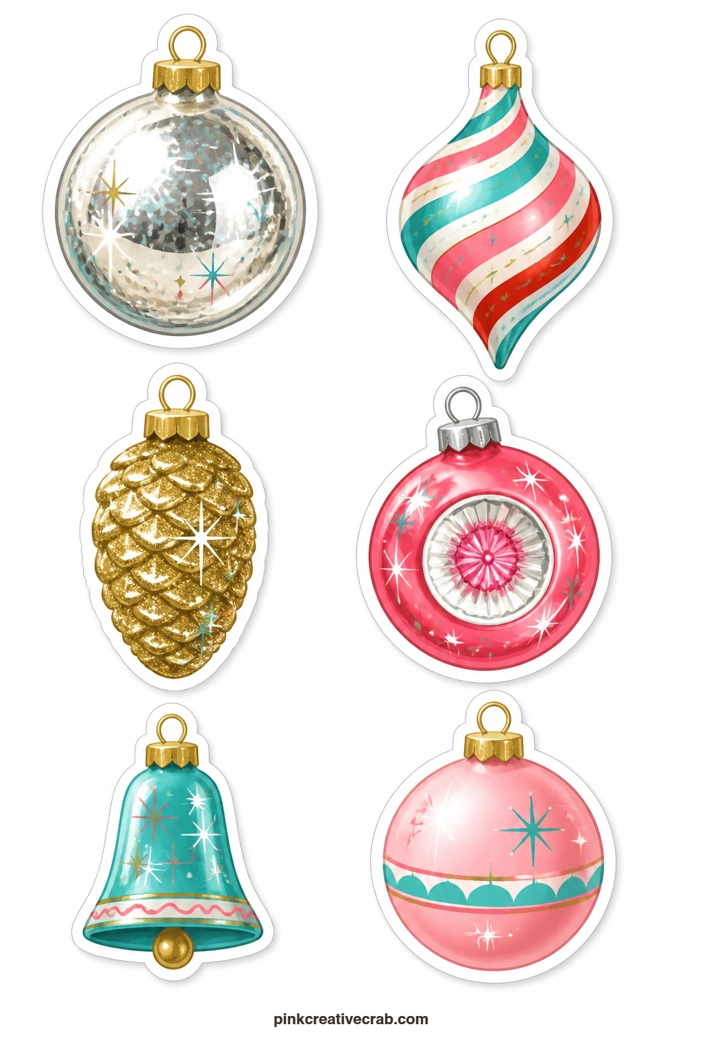 Retro Ornament Stickers printable page — Six classic tree ornaments fill this sheet: a mercury glass ball, a striped finial, a glitter pine cone, a pink