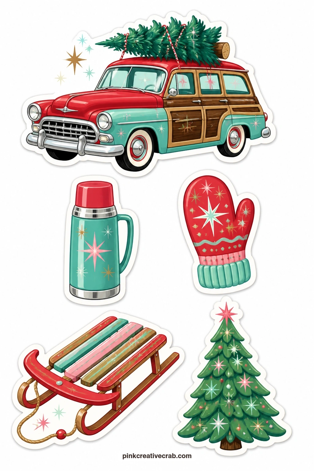 Tree Trip Stickers printable page — This sheet is built around the drive home with the tree: a wood-panel station wagon with a pine tree strapped to the roof