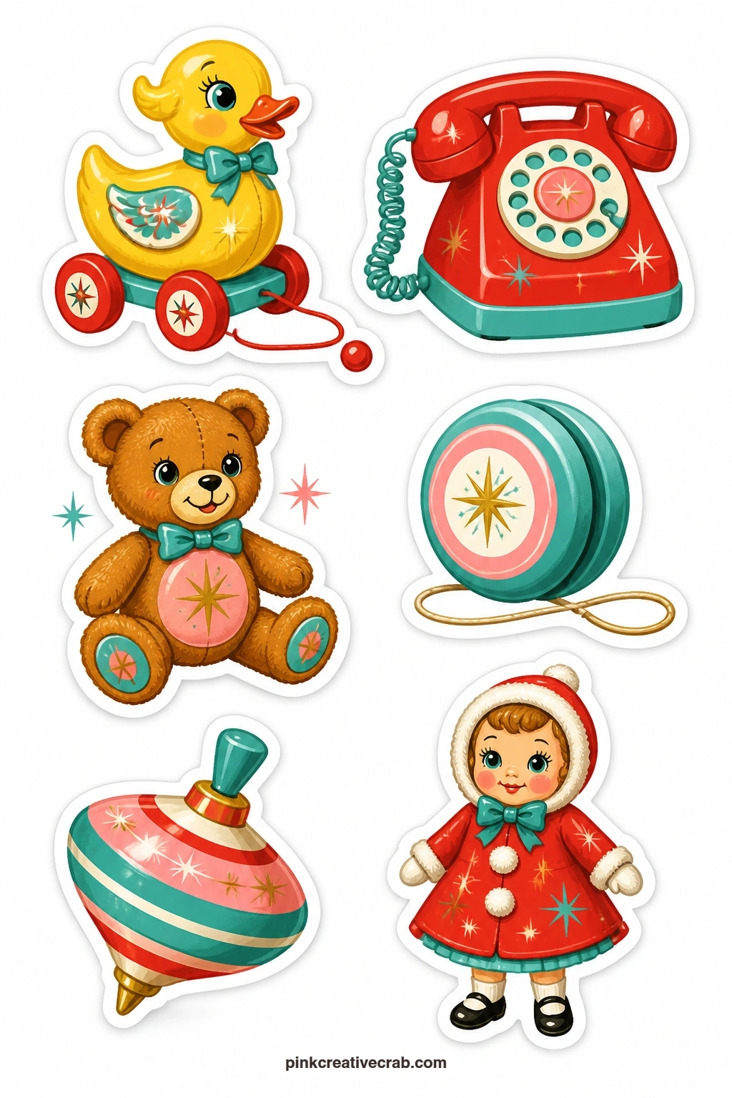 Vintage Toy Stickers printable page — A pull-along duck, a toy telephone, a teddy bear, a yo-yo, a spinning top and a doll in a red coat give this sheet its