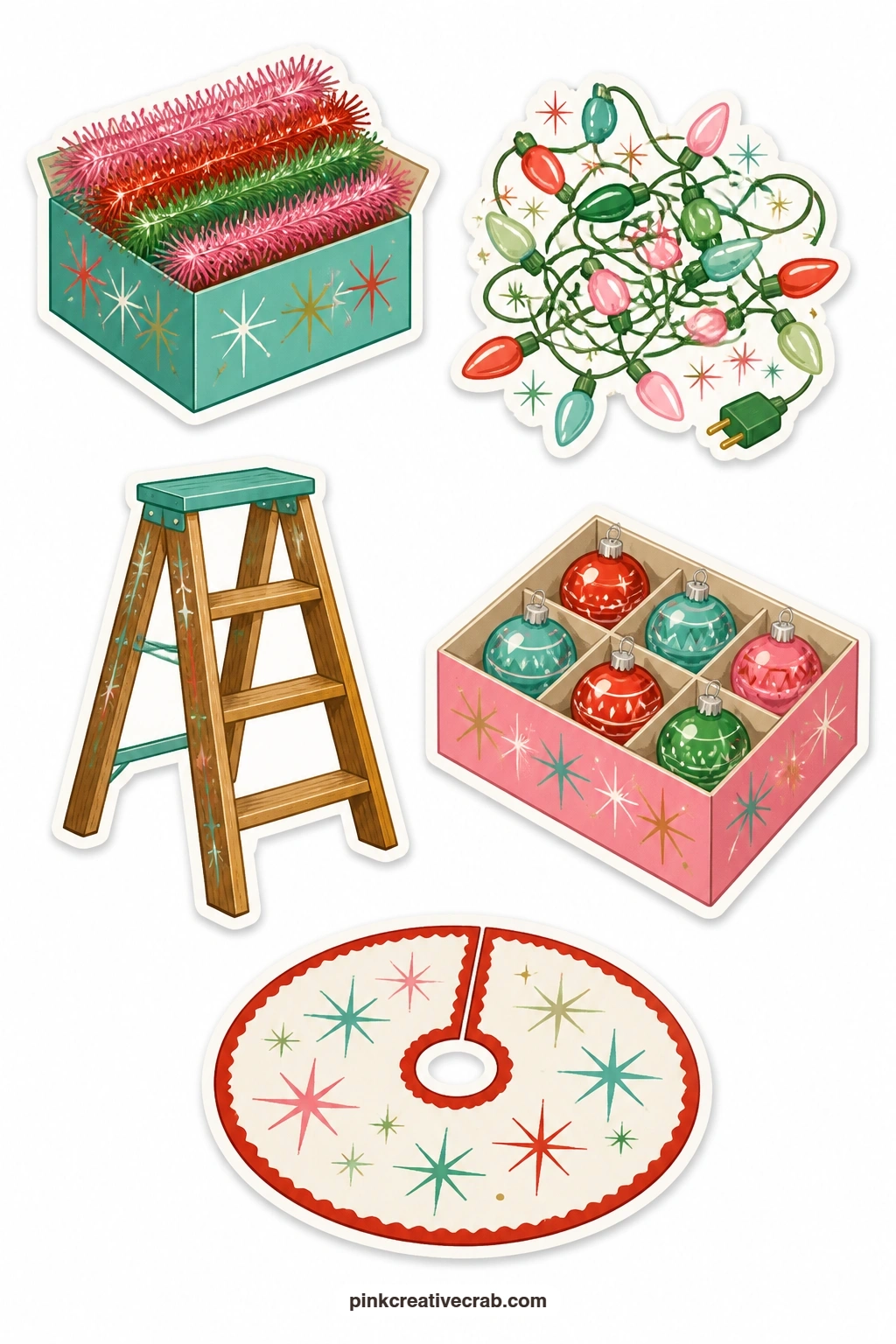 Tree Trimming Stickers printable page — A box of tinsel, a tangle of string lights, a stepladder, a bulb box and a tree skirt turn this sheet into a little