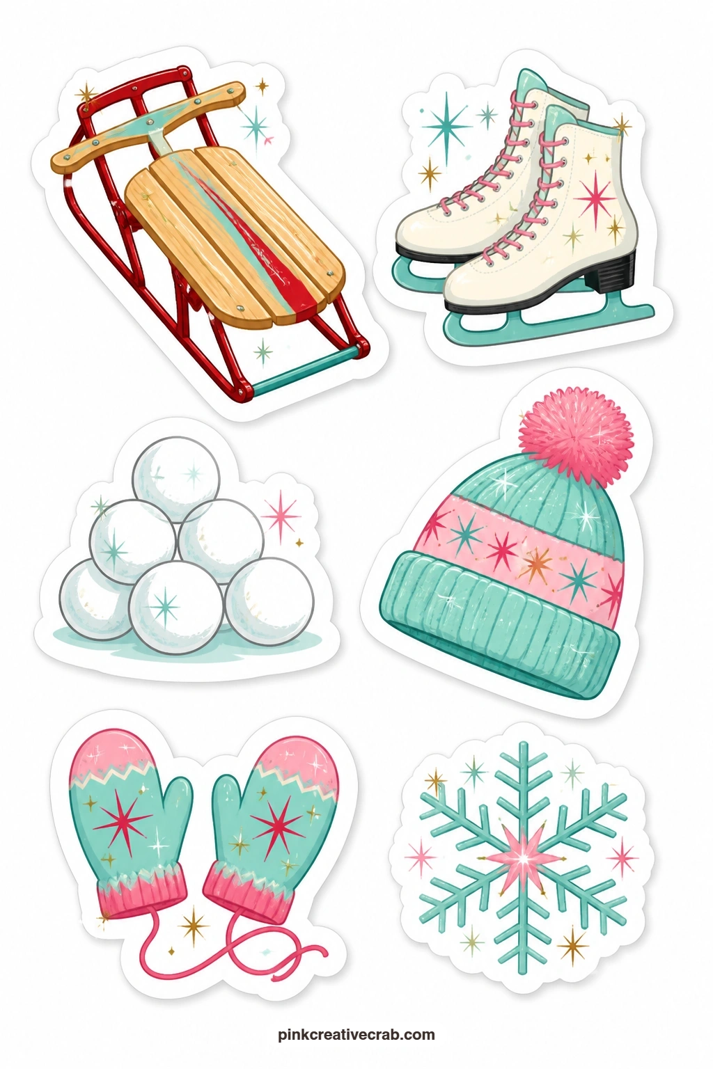 Snow Day Stickers printable page — A wooden sled, ice skates, a pile of snowballs, a knit hat and a pair of mittens cover the outdoor side of the holiday, the