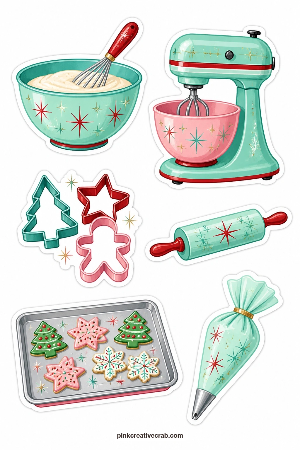 Christmas Baking Stickers printable page — A mixing bowl, a stand mixer, cookie cutters, a rolling pin, a tray of cut-out cookies and a frosting bag make a