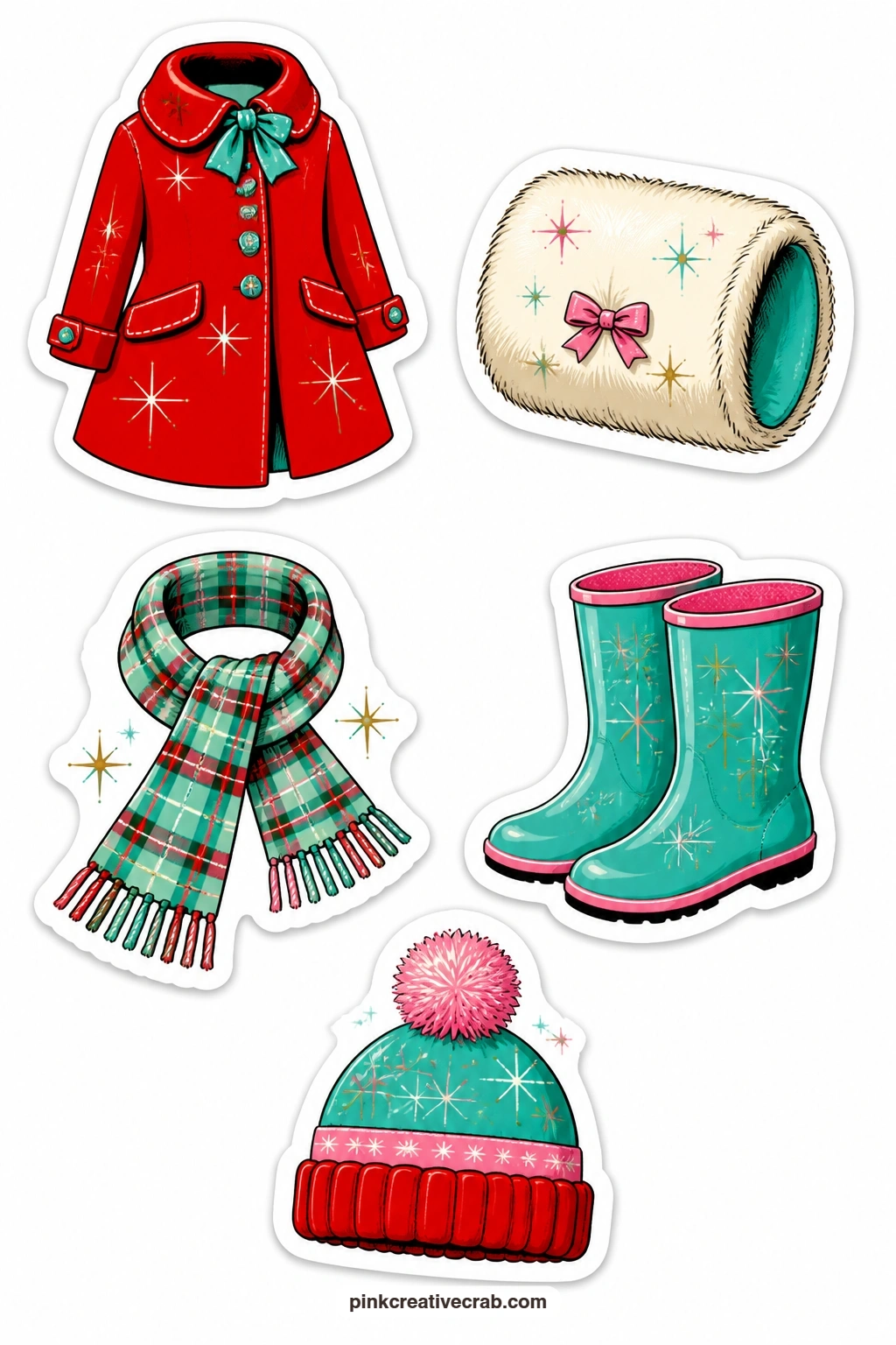 Winter Outfit Stickers printable page — A red car coat, a fur muff, a plaid scarf, a pair of galoshes and a bobble hat make up this sheet, built around the