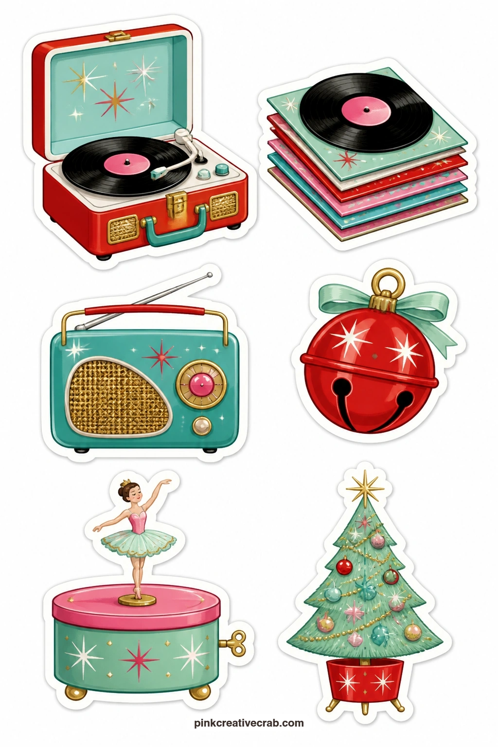 Holiday Music Stickers printable page — A record player, a stack of records, a transistor radio, a jingle bell and a music box with a tiny dancer bring the