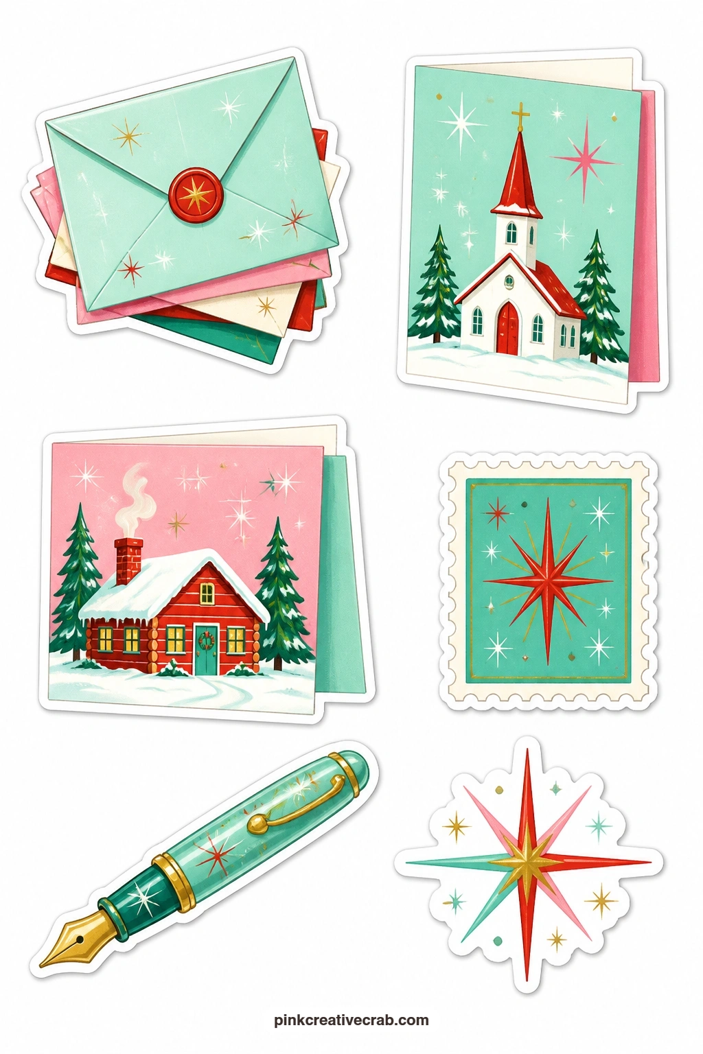 Christmas Mail Stickers printable page — A stack of envelopes, a card showing a little church, a card showing a snowy cabin, a postage stamp and a fountain pen