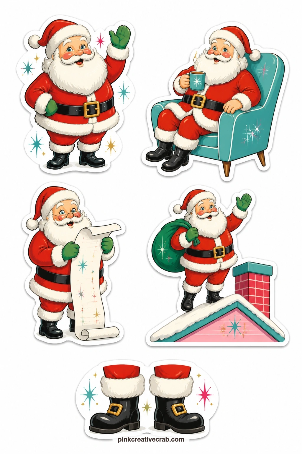Retro Santa Stickers printable page — A chubby waving Santa, a Santa settled in an armchair, a Santa checking a long list, a Santa on a rooftop and a pair of