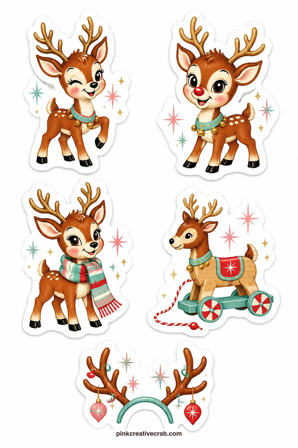 Reindeer Game Stickers printable page — A winking reindeer, a reindeer with a red nose, a reindeer wrapped in a scarf, a reindeer pull toy and a pair of