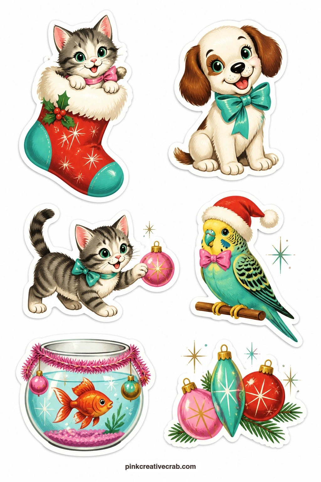 Christmas Pet Stickers printable page — A cat tucked in a stocking, a puppy with a bow, a kitten batting a bauble, a parakeet in a tiny Santa hat and a