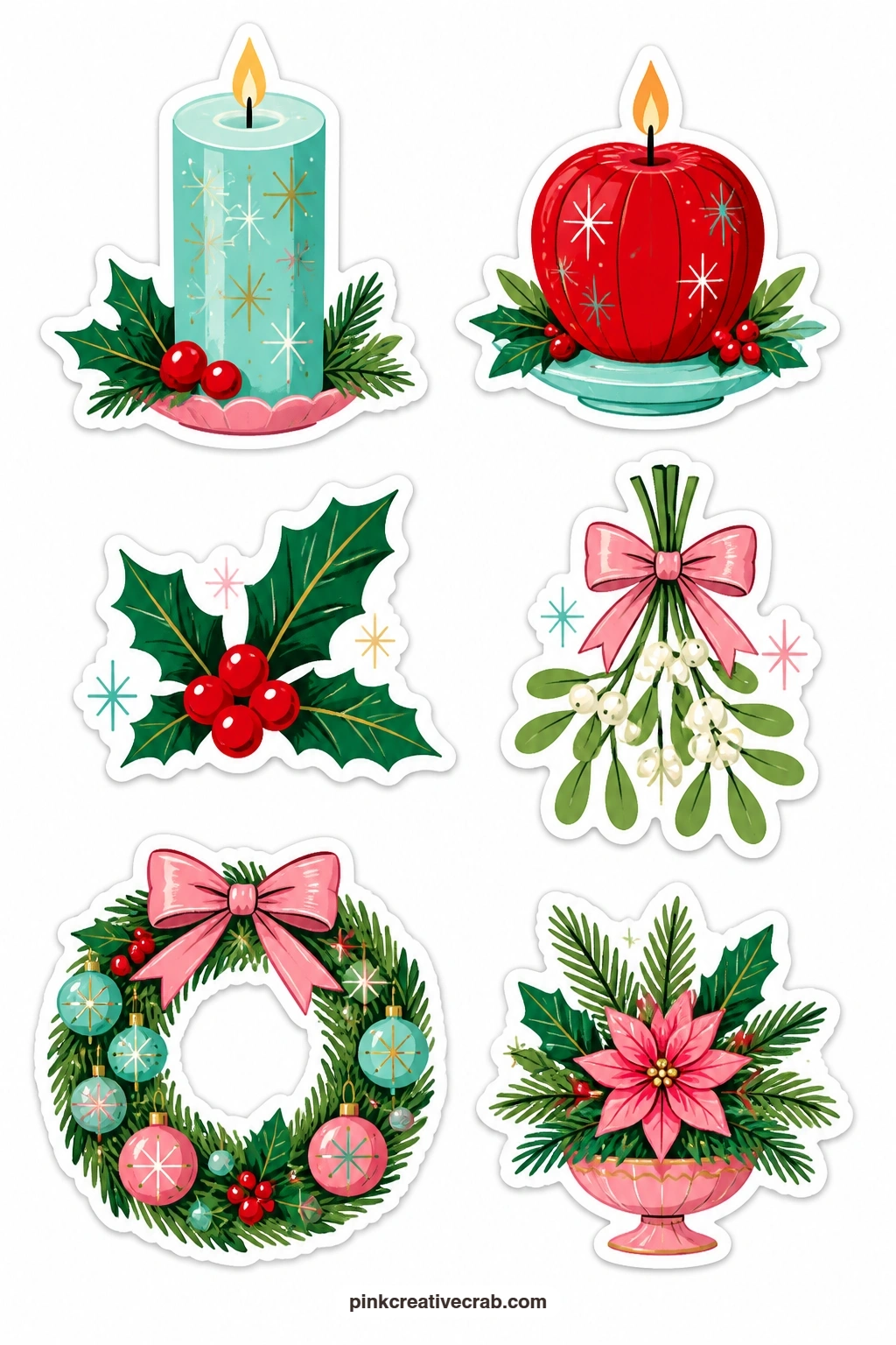 Candles and Greenery Stickers printable page — A pillar candle, a bayberry candle, a holly sprig, a mistletoe bunch and a wreath make up this quiet sheet, the