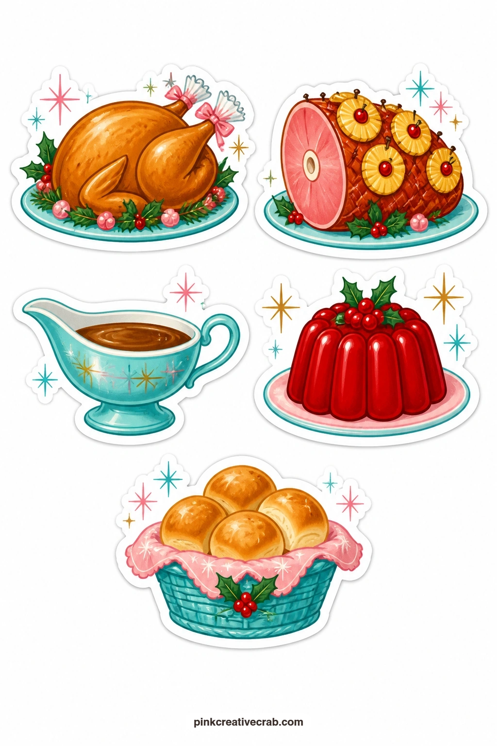 Christmas Dinner Stickers printable page — A roast turkey, a ham studded with pineapple rings, a gravy boat, a cranberry mold and a basket of dinner rolls