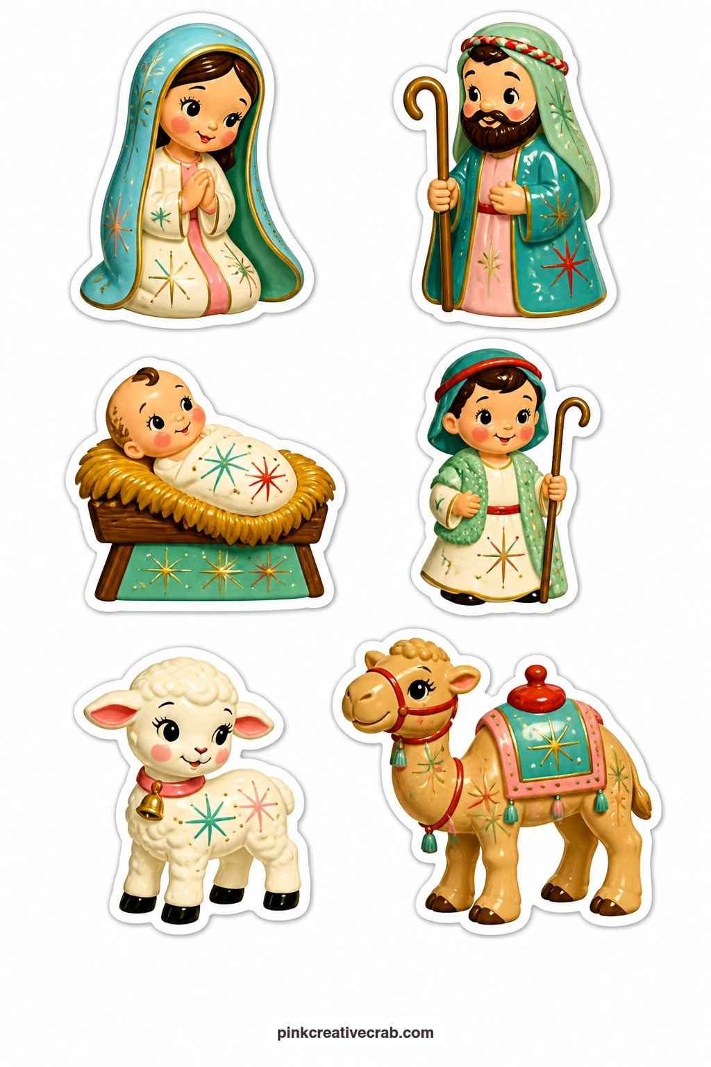 Nativity Figurine Stickers printable page — A ceramic Mary, a ceramic Joseph, a manger with baby Jesus, a shepherd, a lamb and a camel make up this sheet