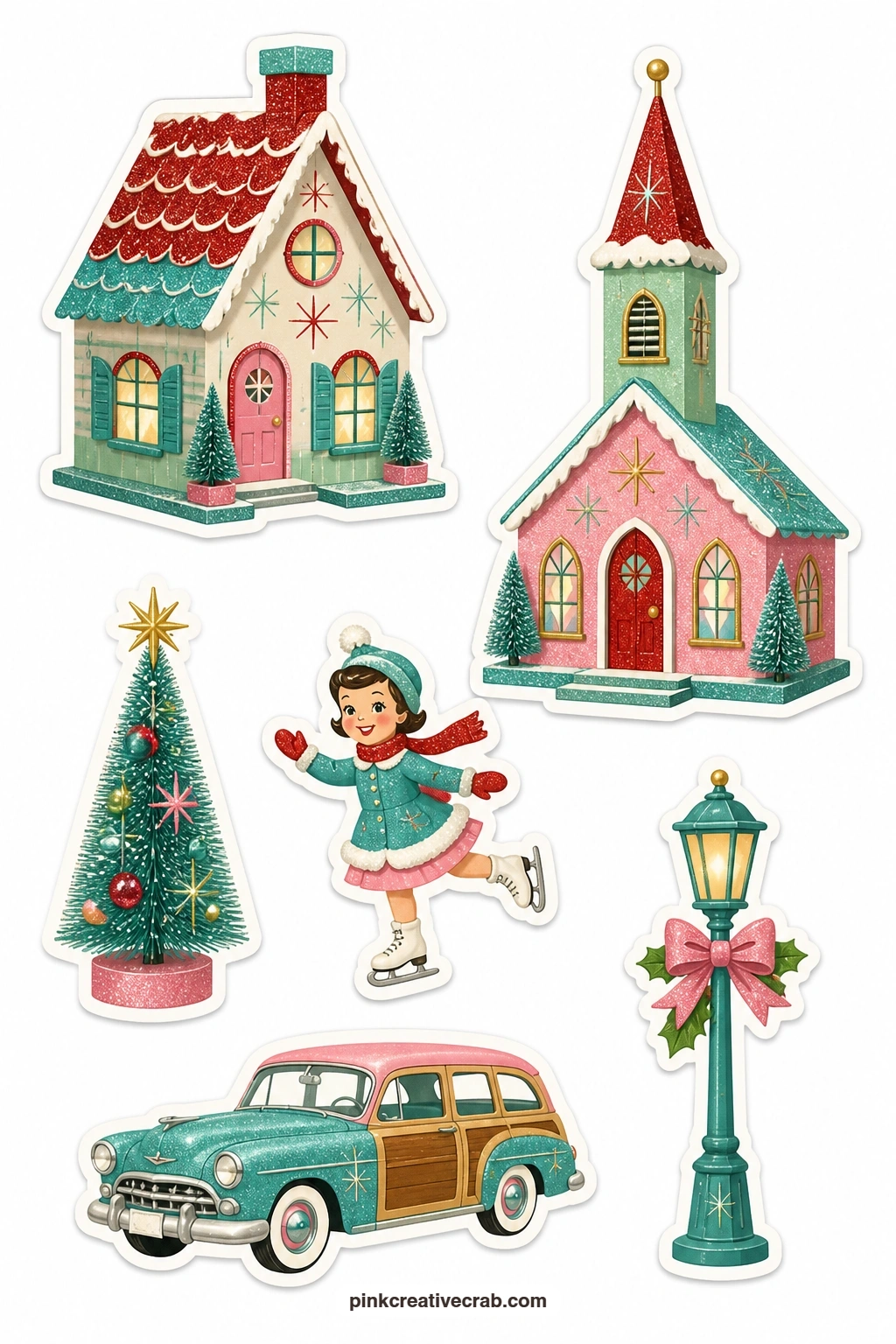 Cardboard Village Stickers printable page — A glitter house, a glitter church, a bottle-brush tree, a tiny skater and a lamp post bring the little village