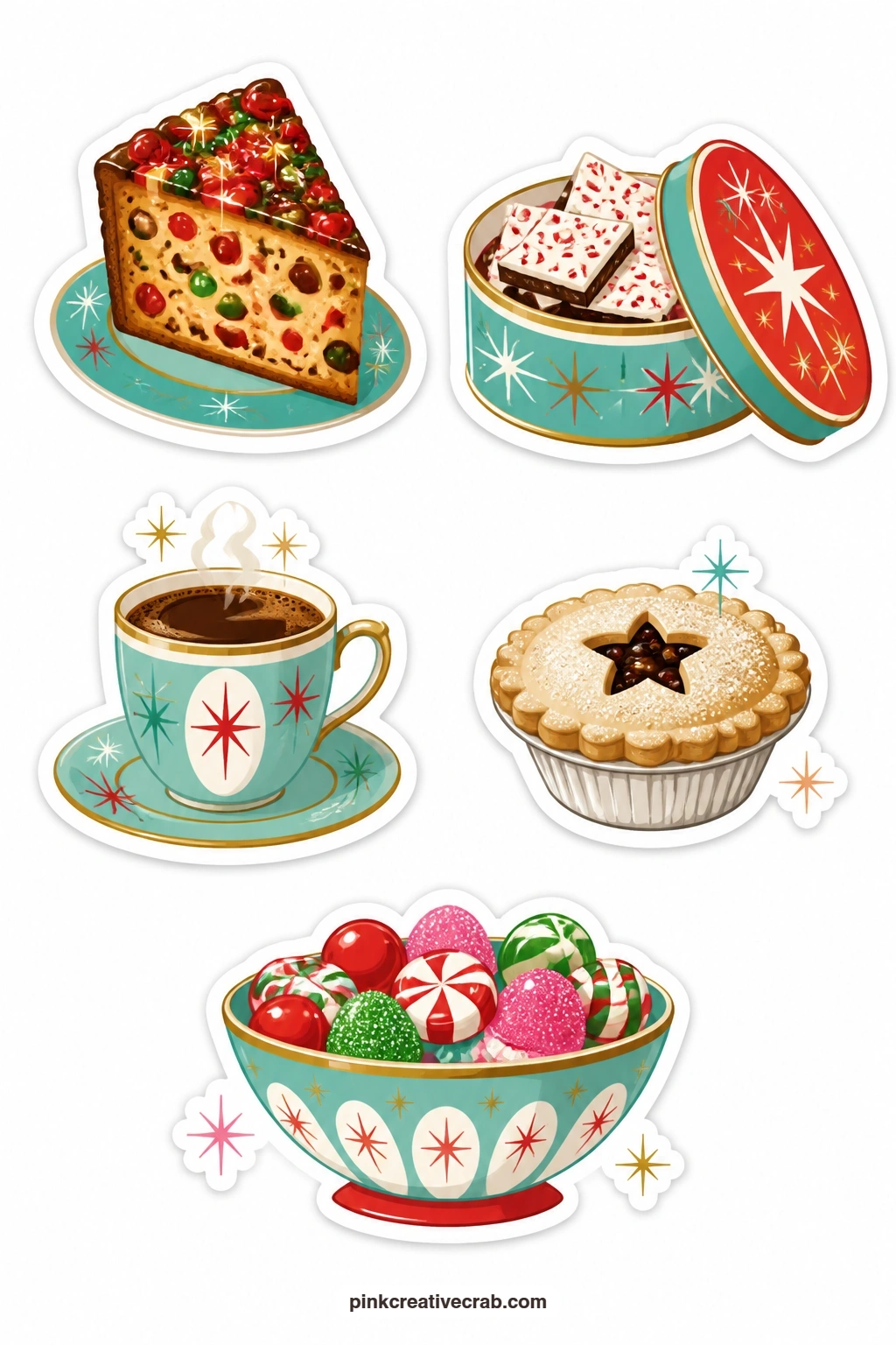 After-Dinner Treat Stickers printable page — A slice of fruitcake, a tin of peppermint bark, a cup of coffee, a mince pie and a bowl of candy round out the