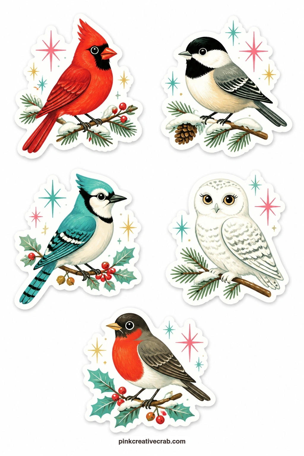 Winter Bird Stickers printable page — A cardinal, a chickadee, a blue jay, a snowy owl and a robin perched on a branch make up this sheet, five birds that work