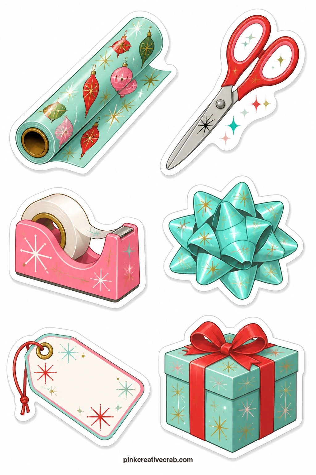 Wrapping Table Stickers printable page — A roll of wrapping paper, scissors, a tape dispenser, a bow, a blank tag and a gift box fill this sheet, built for