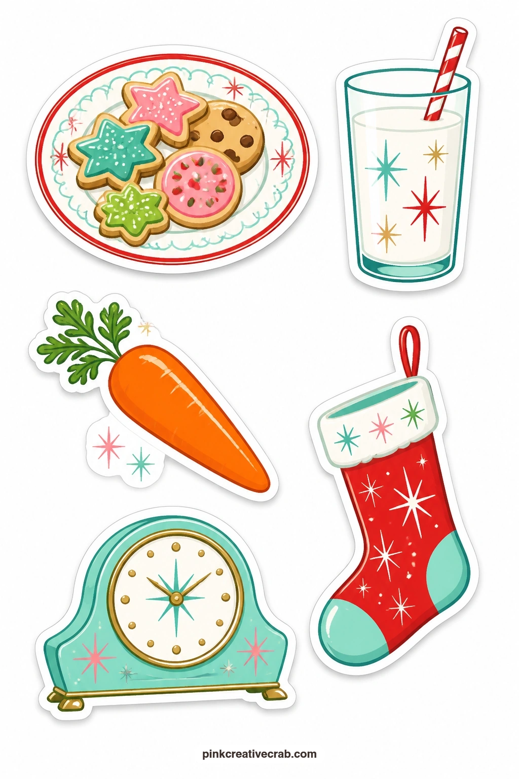 Christmas Eve Stickers printable page — A plate of cookies for Santa, a glass of milk, a carrot for the reindeer, a stocking and a mantel clock close out the