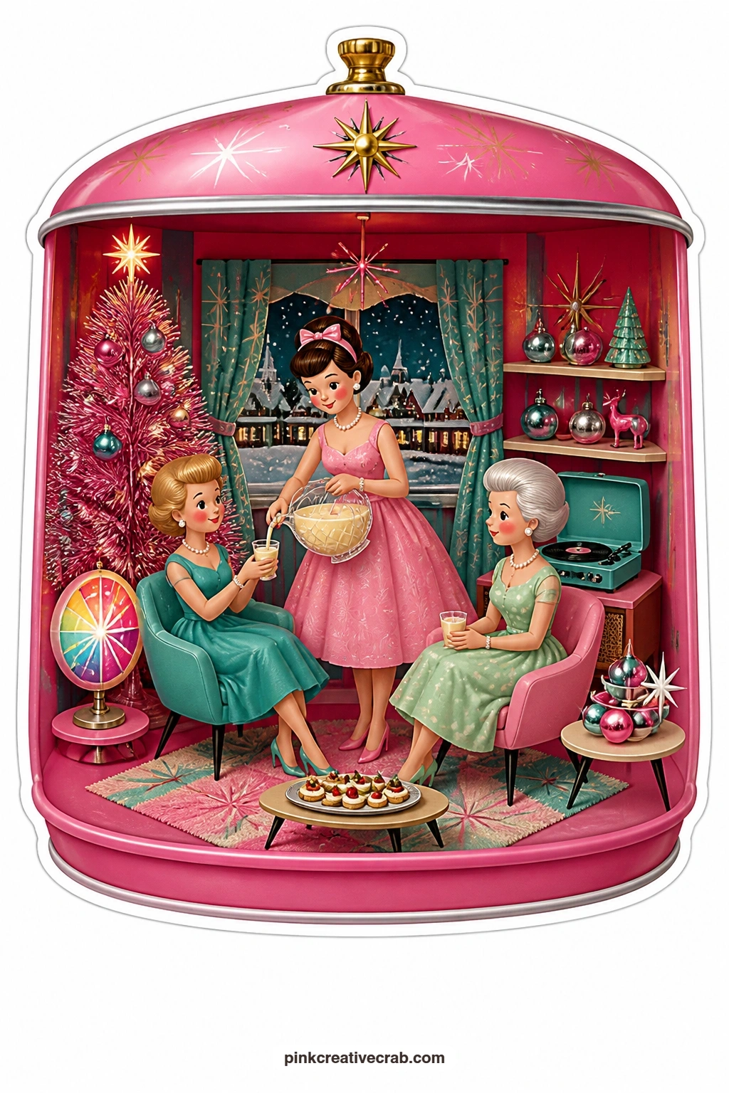 The Pink Tree Tin Hostess printable page — A pink aluminum tree tin opens at the front to show a hostess serving eggnog to her friends, with a color wheel lamp