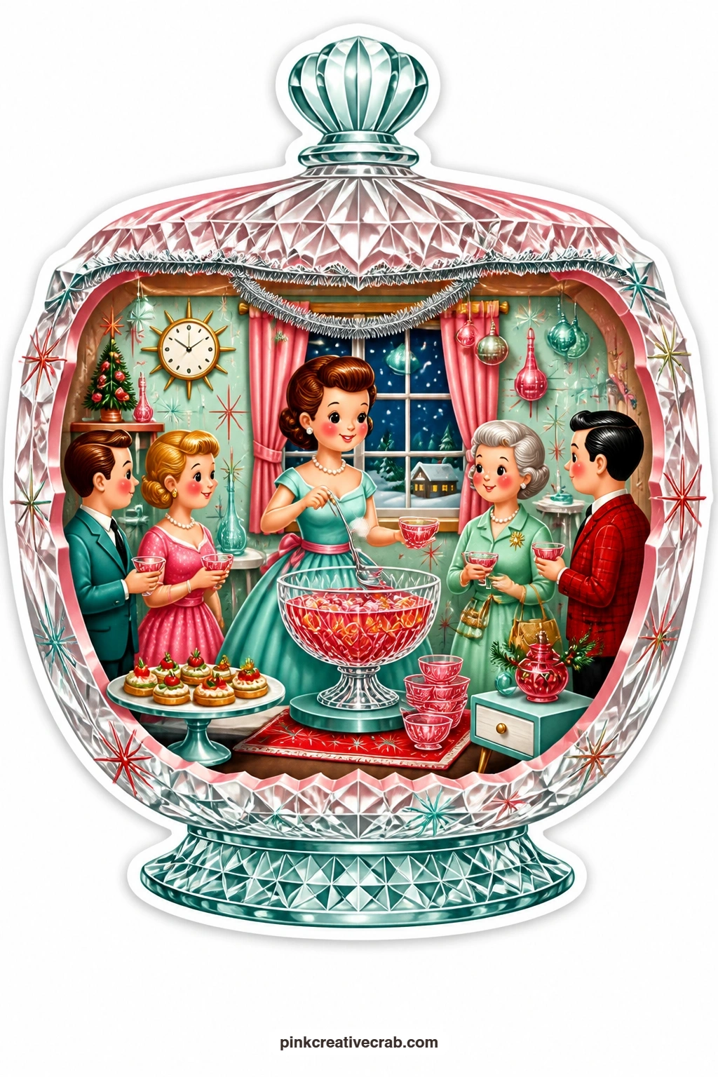 The Punch Bowl Party printable page — Trading the quiet eggnog scene for a livelier one, a punch bowl is cut open to reveal a hostess ladling drinks for guests