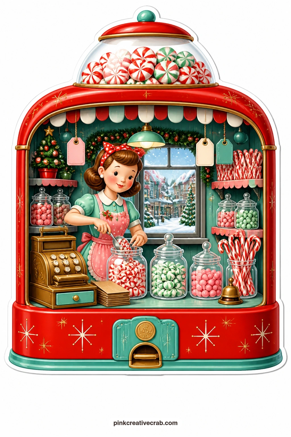 The Candy Machine Shop printable page — Filling peppermint jars behind a brass till, a shopkeeper lady works inside a candy machine opened at the front while