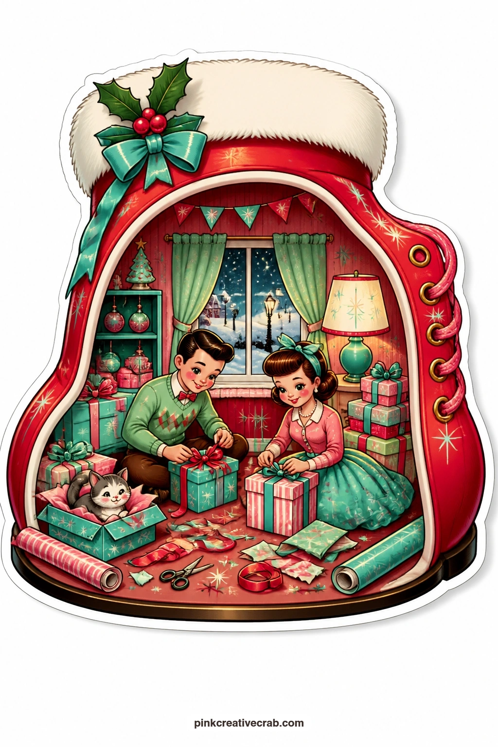 The Couple Wrapping Gifts printable page — wrapping presents together on the floor of a Santa boot opened at the front, a 1950s couple works by lamplight while