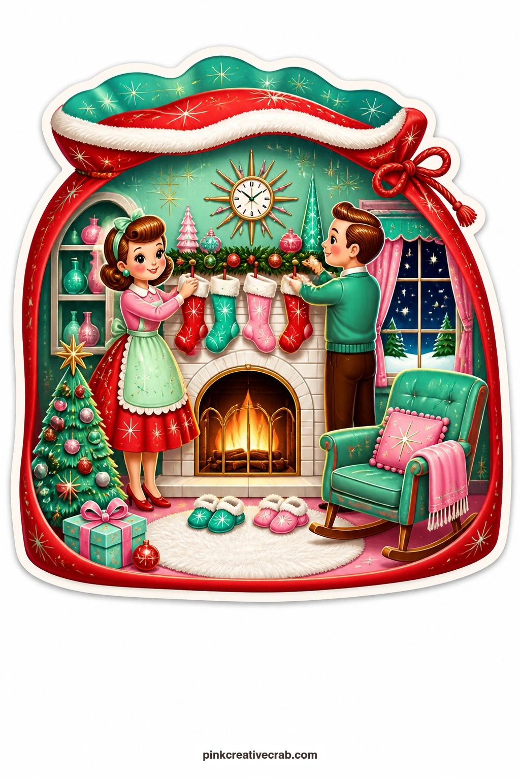The Santa Sack Living Room printable page — hanging stockings by a crackling fire, a couple fills their living room tucked inside an opened Santa sack, with a
