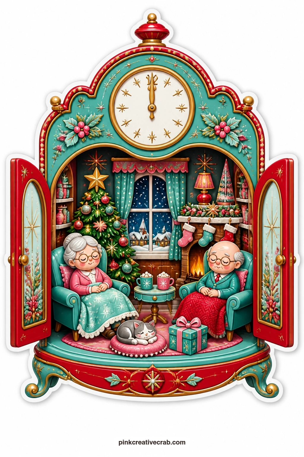 The Mantel Clock at Midnight printable page — asleep in armchairs on Christmas Eve, an elderly couple rests inside a mantel clock opened at the front, with a