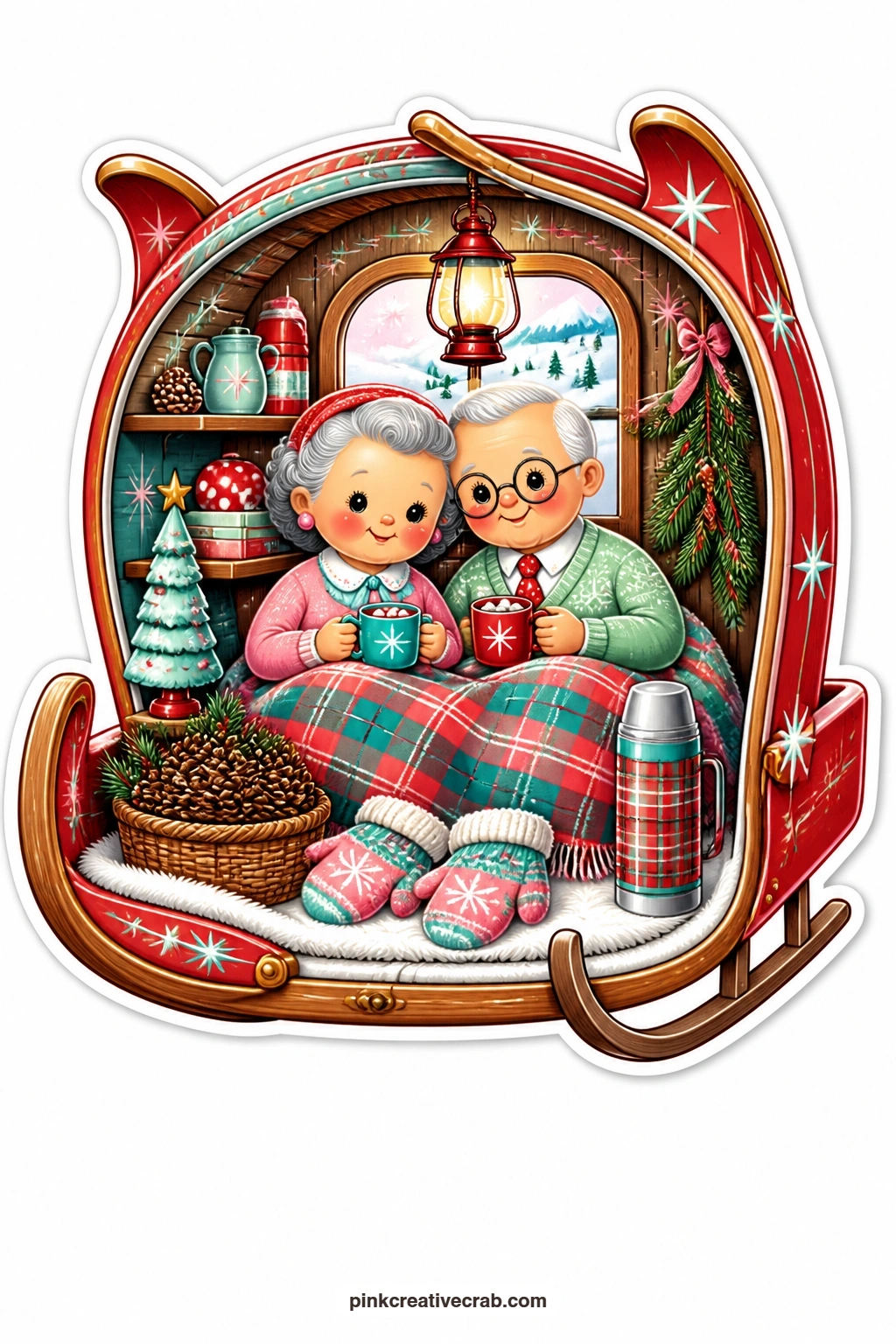 The Sled on Snowy Hills printable page — sharing cocoa under a plaid blanket, an elderly couple settles into a sled-shaped room lit by a lantern, with snowy