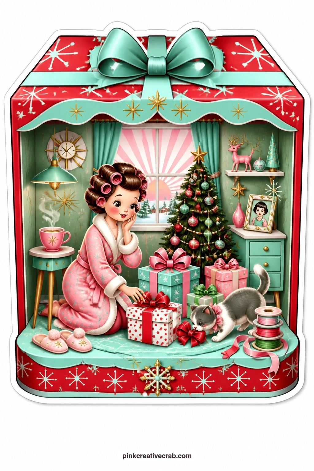 The Curlers and Christmas Morning printable page — finding her presents on Christmas morning, a lady in curlers and a robe kneels beside the tree inside a big