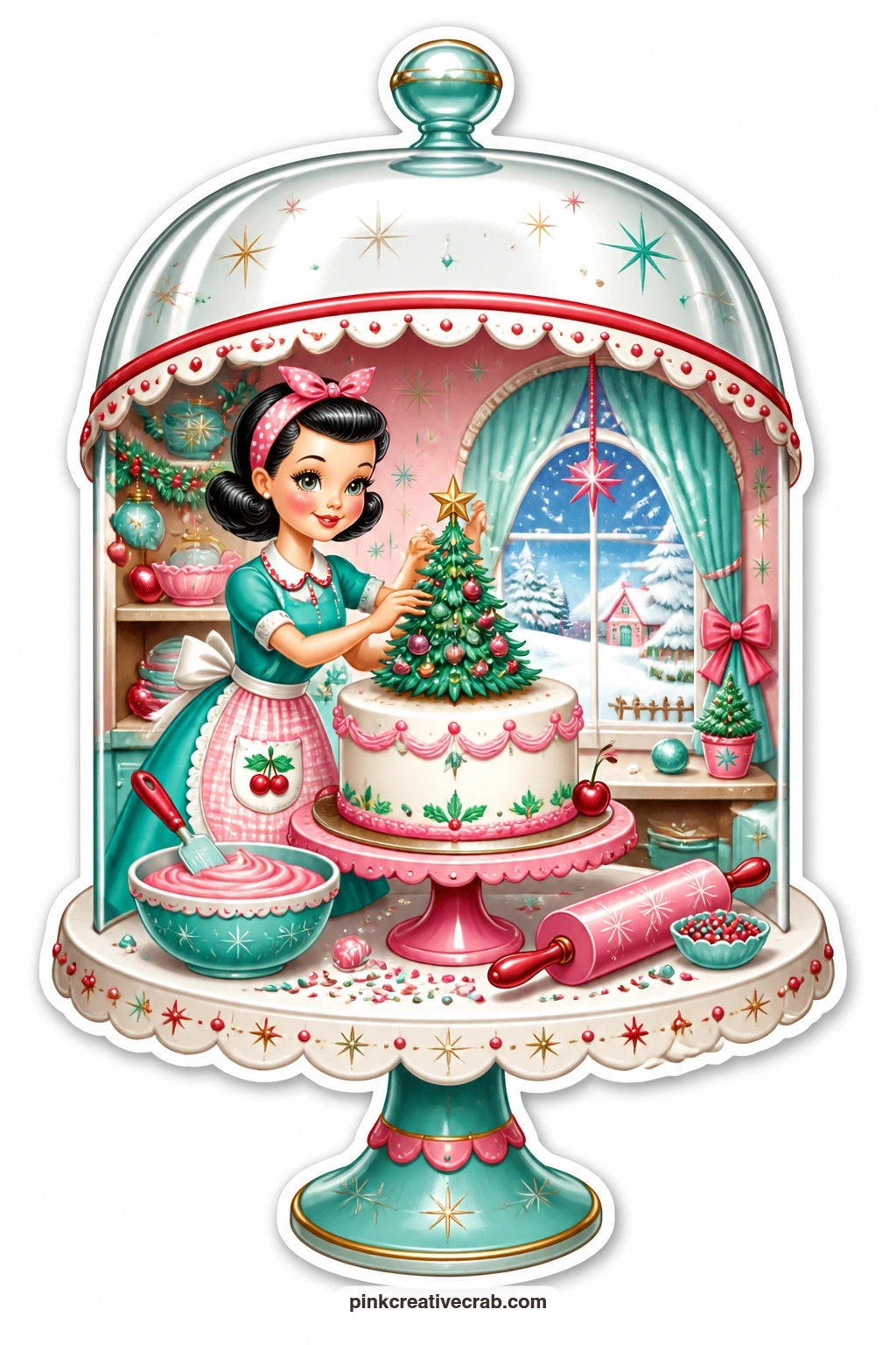 The Cake Dome Tree Topper printable page — decorating a tiny tree perched on top of a cake, a lady works under a glass cake dome lifted for the scene, with a