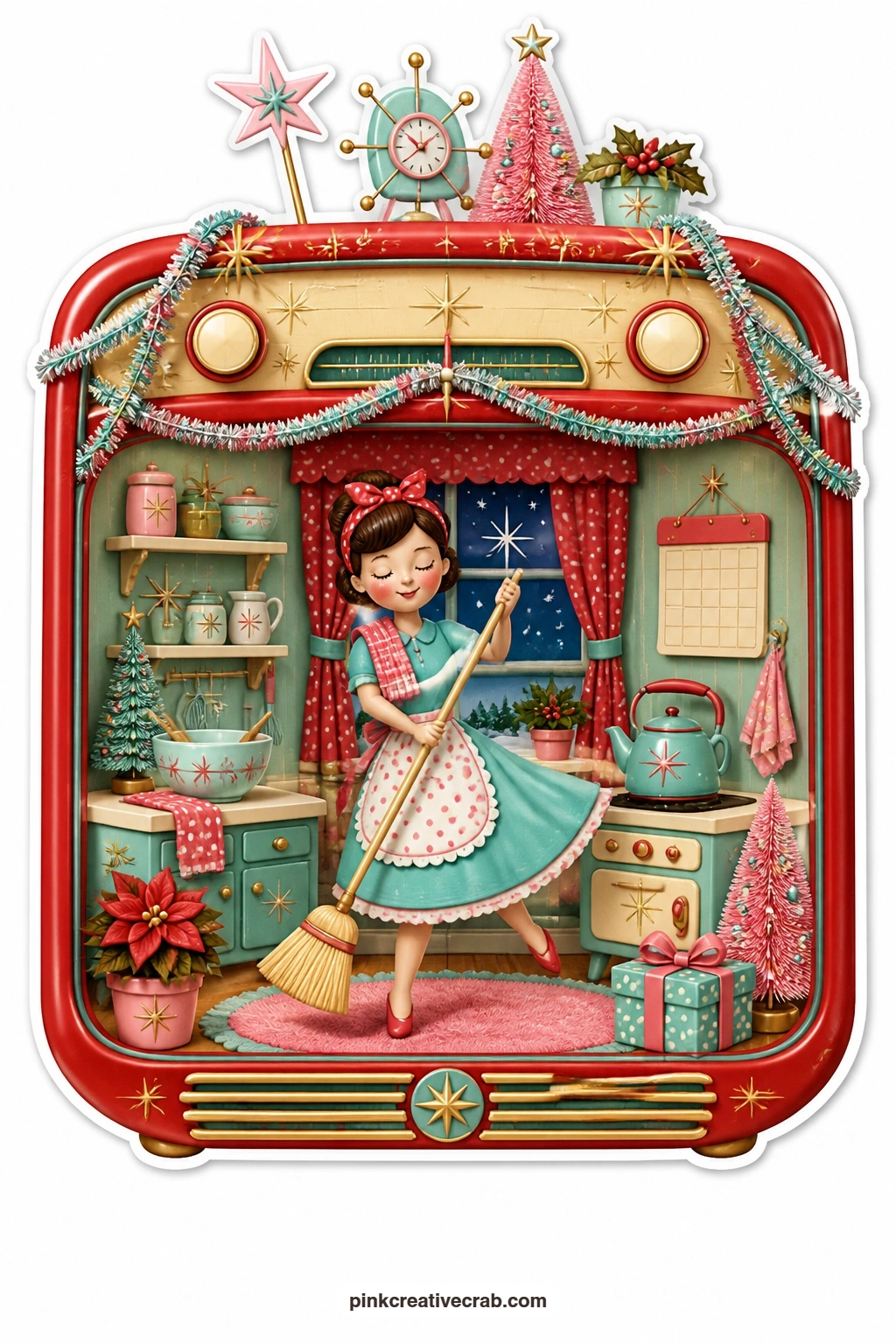 The Radio Dance With a Broom printable page — twirling with a broom to music drifting from a kitchen radio opened at the front, a housewife dances through her