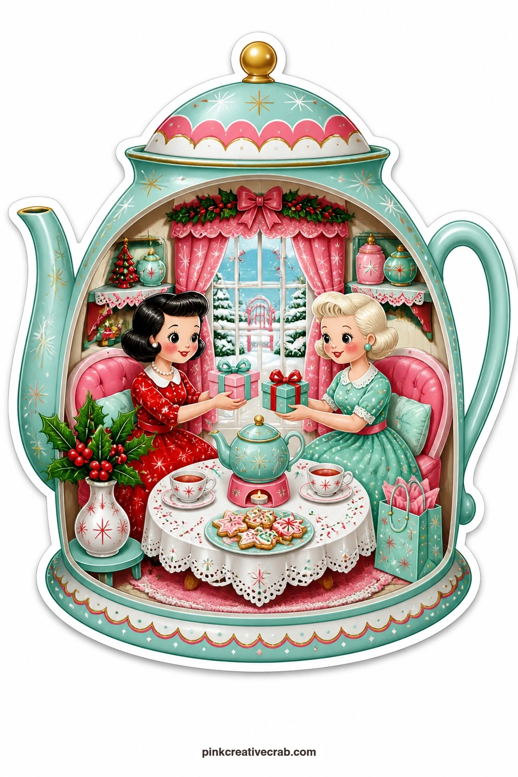 Two Friends Trading Gifts printable page — swapping small wrapped gifts over tea, two friends sit together inside a teapot opened at the front, a plate of