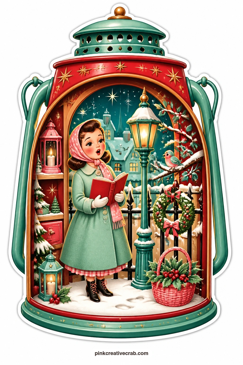 The Caroling Lantern printable page — singing carols from a hymn book held in gloved hands, a lady stands inside a lantern opened at the front, a lamp post