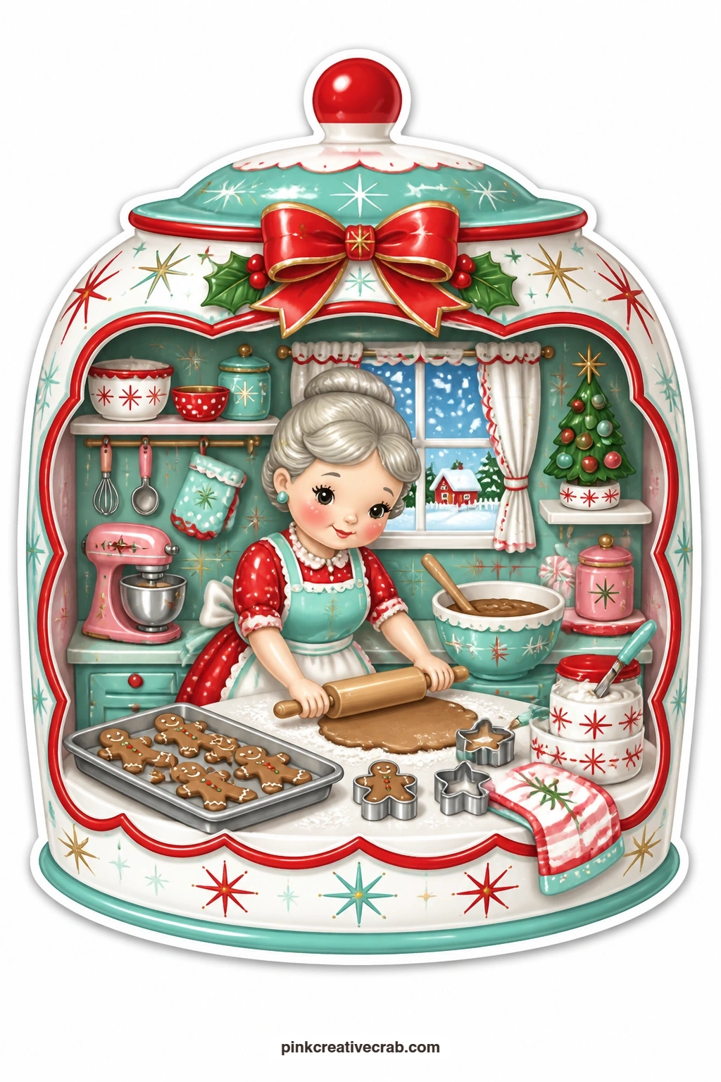 The Grandma Baking Gingerbread printable page — rolling out dough for gingerbread men, a grandma works inside a cookie jar opened at the front, a rolling pin