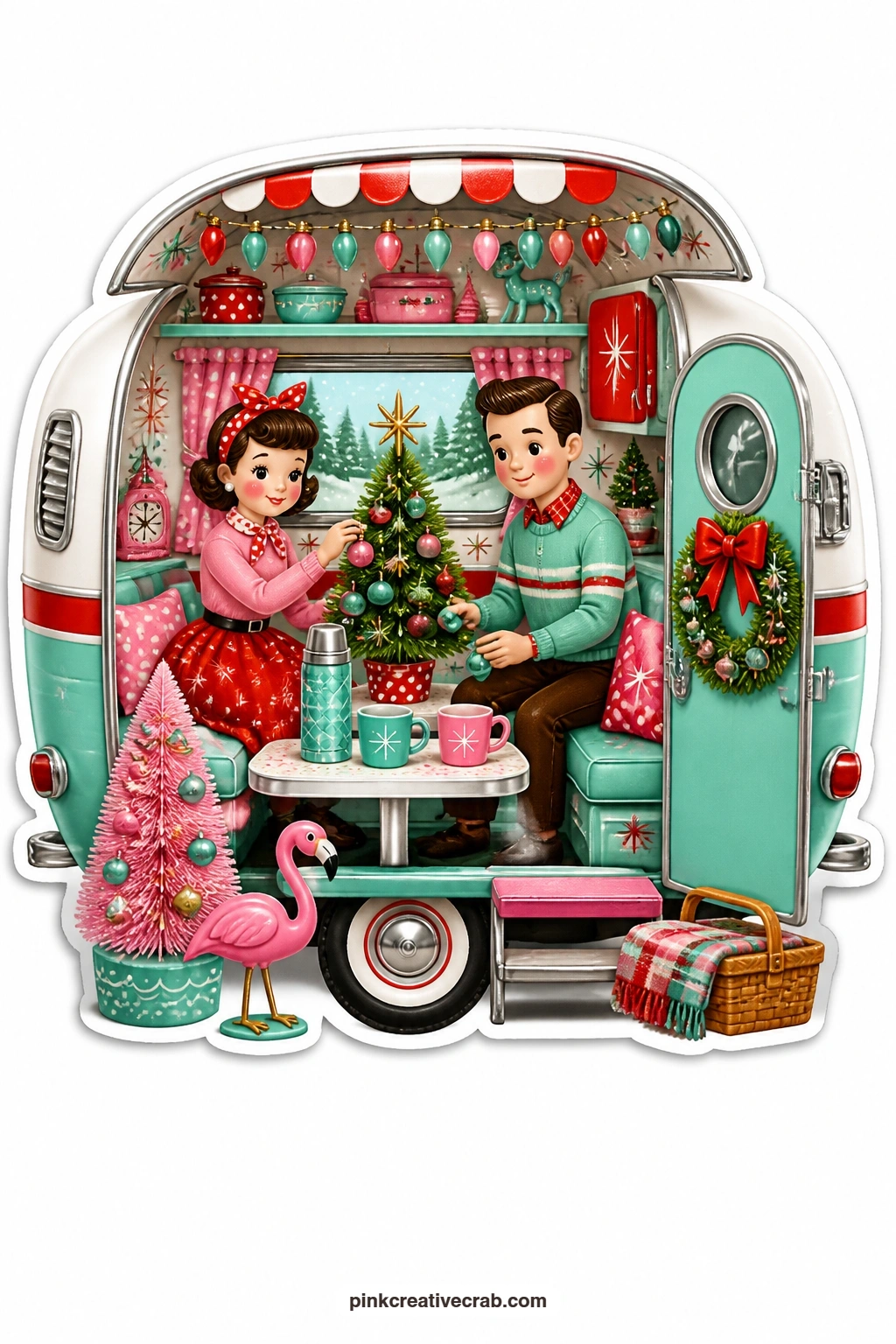 The Camper Trailer Tree printable page — decorating a tiny tree together, a couple works inside a vintage camper trailer opened at the side, string lights